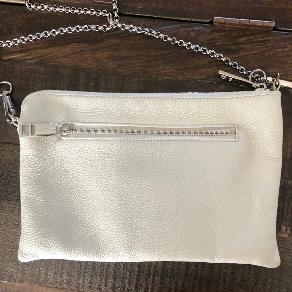 Nicoli Italian Crossbody Bag Winter White Pebbled Leather Silver Chain Strap